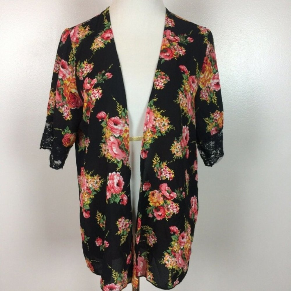 Poetry Kimono Floral Beach Cover Up Top Lace Trim